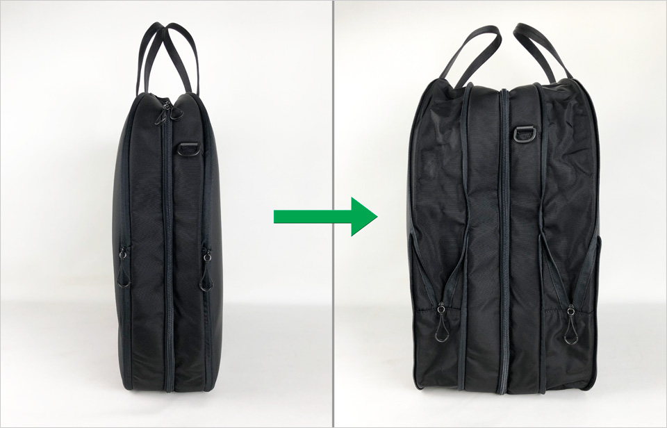 MP ホイールバッグはファスナーの開閉でバッグのマチ幅が広がるエクスパンド機能（拡張機能）を採用